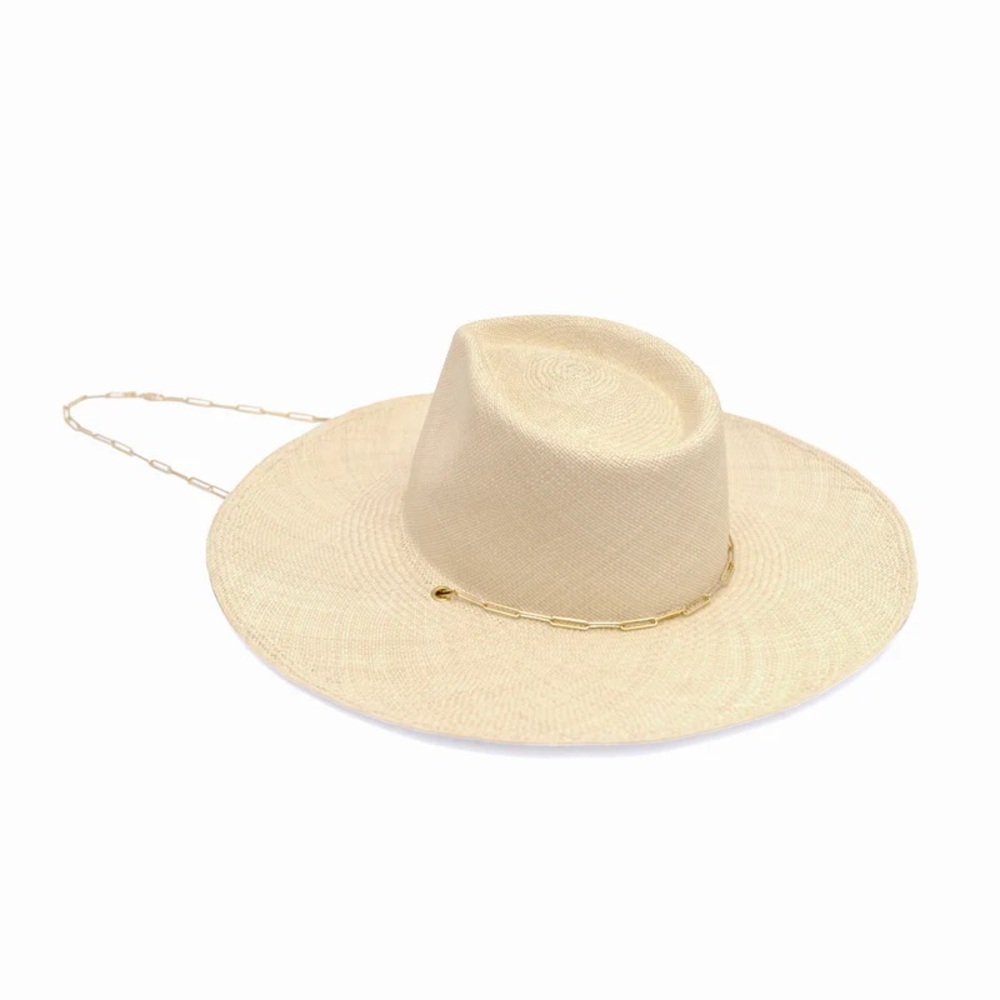 Hand woven Panama Sun Hat with Wide Brim and 14K gold plated removable chain